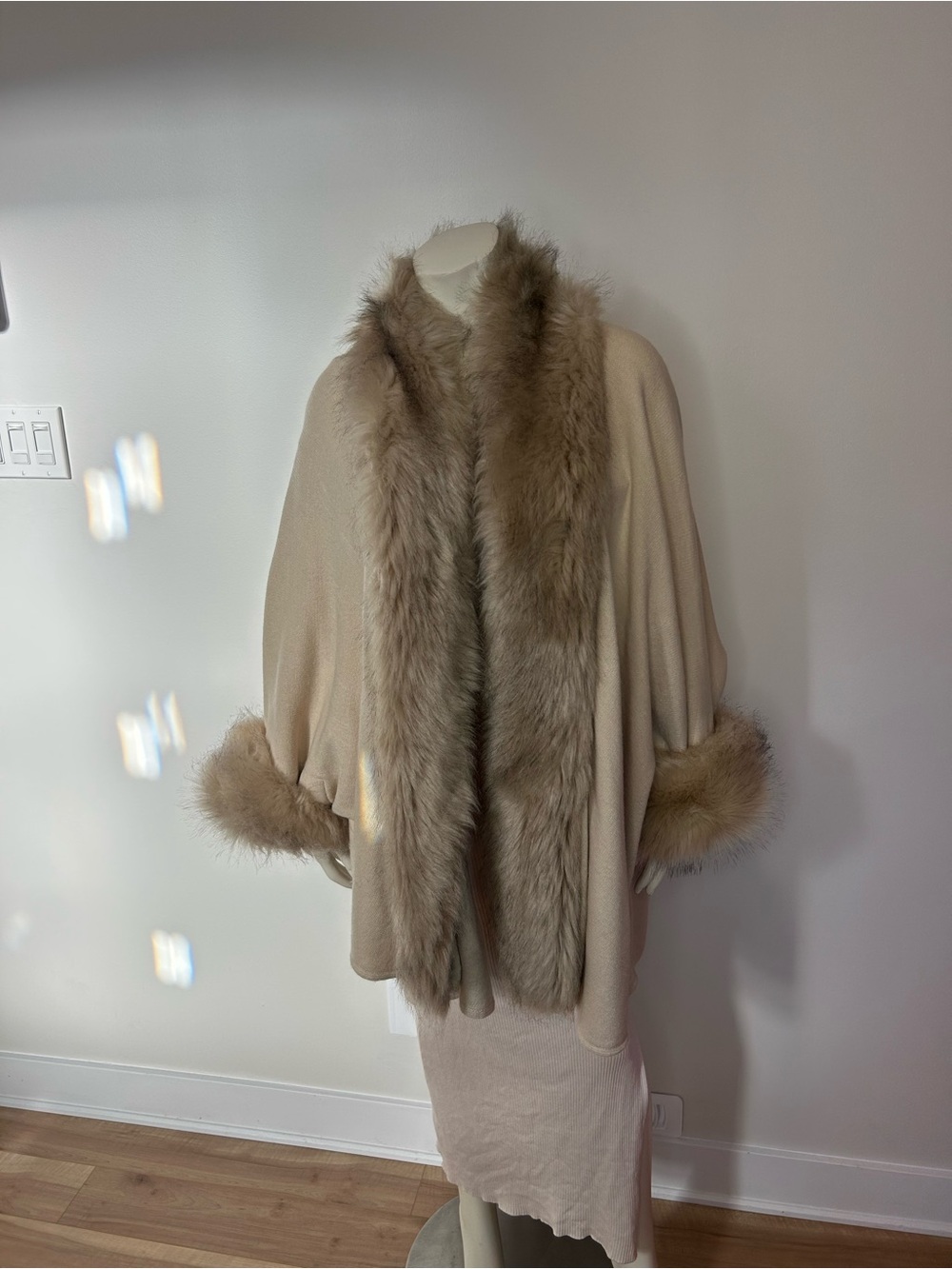 Joseph Ribkoff Cream Cape with Taupe Fur Trim
